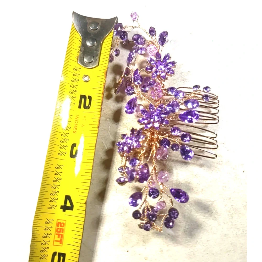 Lot Of 4 Hair Accessory 2 Combs 2 Picks Gold Tone Purple Rhinestone Prom Party